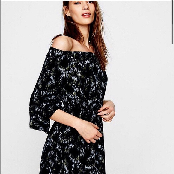 EXPRESS Off The Shoulder Black Green Leaf Tropical Romper. Small. - Picture 2 of 7